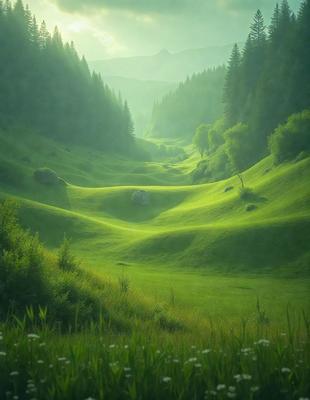 The primary subject of the image is a lush green hillside with a grassy field. The setting is a mountainous area with a forest in the background. The visual style is a photo of the landscape, capturing the vibrant colors and natural beauty of the scene. The colors and mood of the image are predominantly green, conveying a sense of tranquility and serenity.